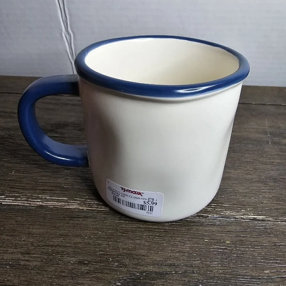 NWT Rae Dunn Artisan Wanderlust Coffee Mug Blue Trim Summer Camping Boho